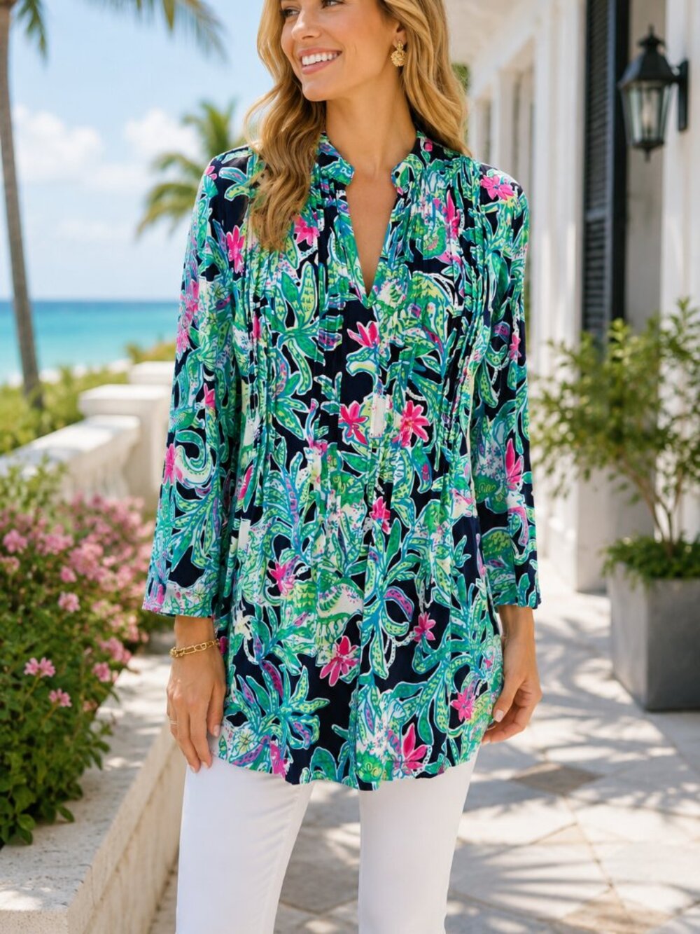 Lilly Pulitzer Sarasota Pintuck Tunic Blouse Tropical Print XS